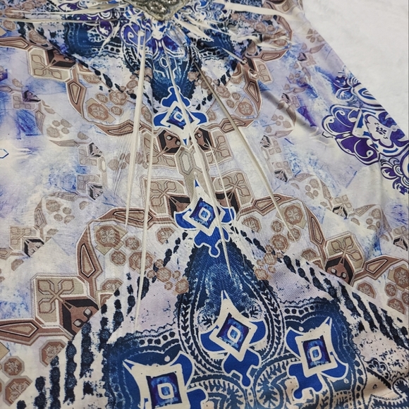 Apt. 9 Blue Cream Tan Design Beaded Detail Sleeveless Stretch Tunic Blouse Sz S - Picture 6 of 9